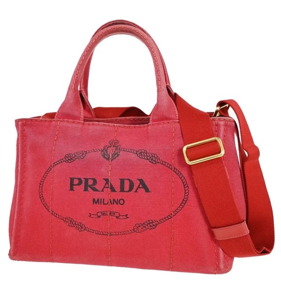 PRADA Logo Mini CANAPA 2Way Shoulder Bag Canvas leather Red Gold with COA - Picture 1 of 15